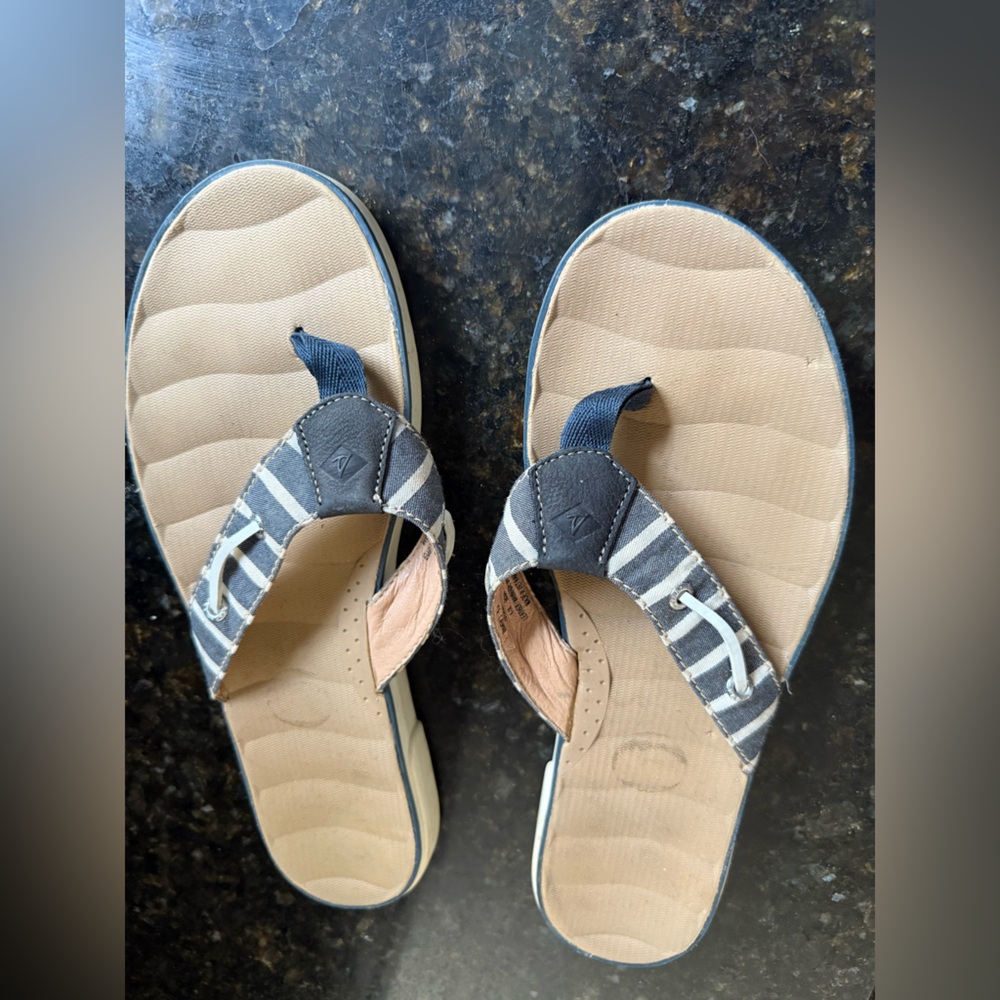 Striped Flip Flops with Tan and Black Accents